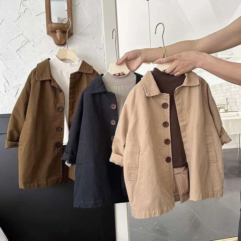 Korean Spring and Autumn Boys and Girls Children Trench Coat Baby Warm Children Personalized Japan Style Solid Casual Coat