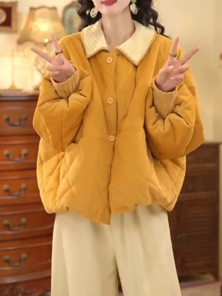 

Ретро-куртка в гонконгском стиле из вельвета для женщин, с круглым вырезом, теплая, хлопковая, свободного кроя, стройнящая, зимняя, новинка