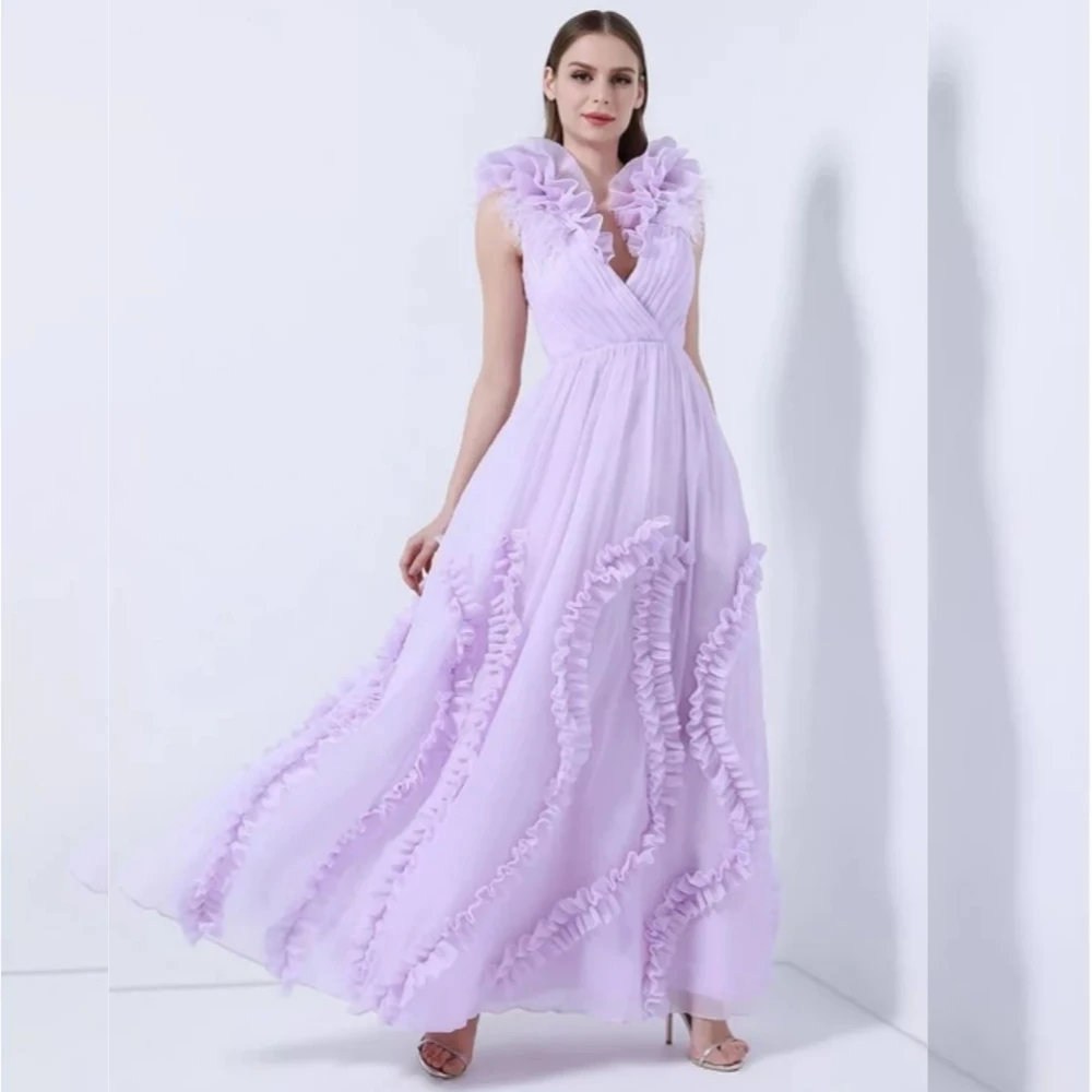 CustomizedChiffon Pleat Engagement Straight V-Neck Bespoke Occasion Gown Midi Dresses