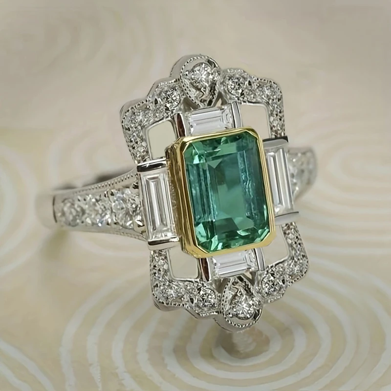 Huitan Vintage Two Tone Green CZ Pierścionki na palec dla kobiet Geometryczny kształt Pierścionki Hyperbole Impreza rocznicowa Biżuteria retro Dropship