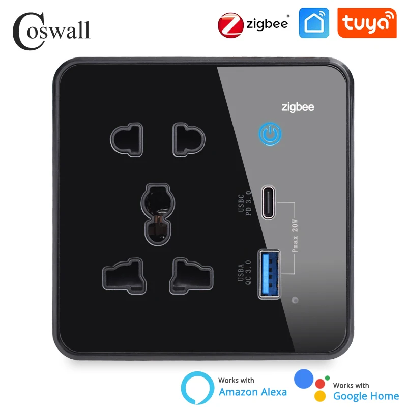 Coswall WIFI/ZIGBEE Tuya Universal Socket+Daul USB 20W Type-C Fast Charger QC 3.0 DC 5V/9V/12V Output  With Main Switch Glass