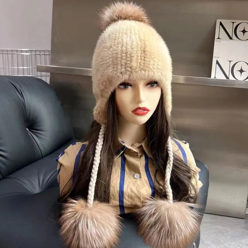 New Women's Warmth Mink Hair Knitted Hat Mink Skin Ear Protection Hat Fur Fox Hair Three Ball Rope Hat