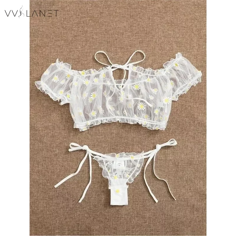 Sexy Women\'s Underwear Lace Floral Wire Free Lingerie Set Off-Shoulder Small Chest Bralette+Thong Beachwear Transparent Bra Set