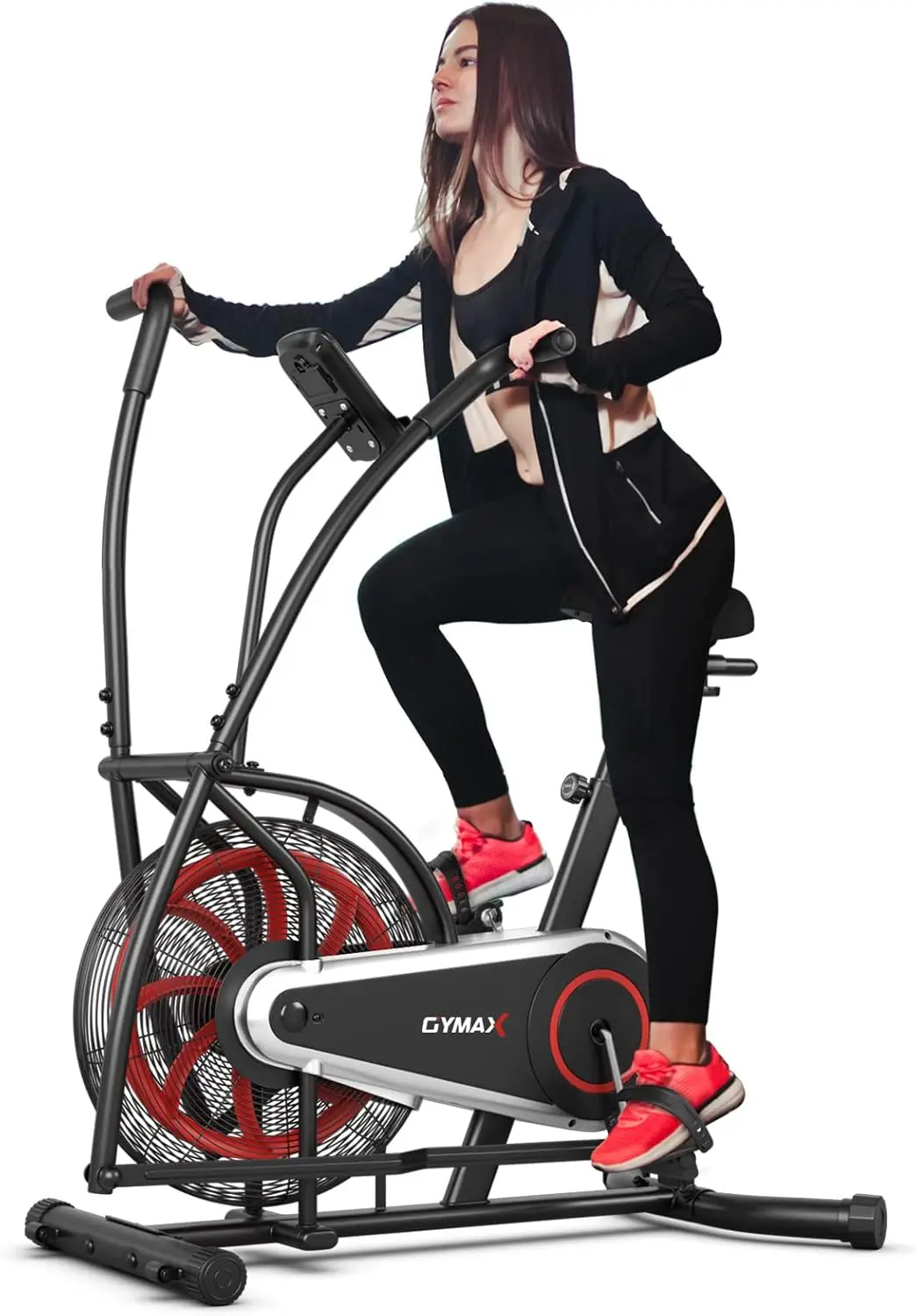 Fan Bike, Air Resistance Upright Bike with LCD Monitor, Phone Holder & Built-in Wheels, Fully Adjustable Stationary Exerci