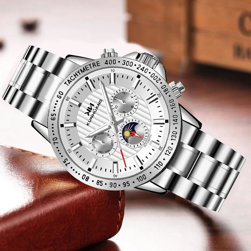 

KunHuang Men's Automatic Mechanical Moon Phase Watch Stainless Steel Skeleton Waterproof Fashion Wristwatch For Man