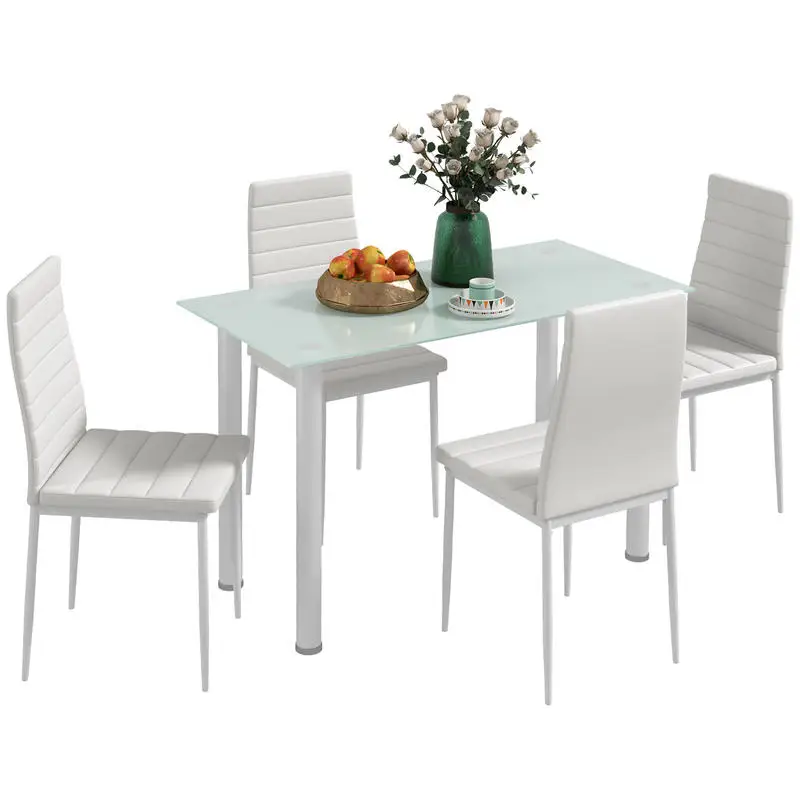 Ensemble table et chaises avec plateau en verre trempé, pieds en acier, pour cuisine ou salon, blanc
