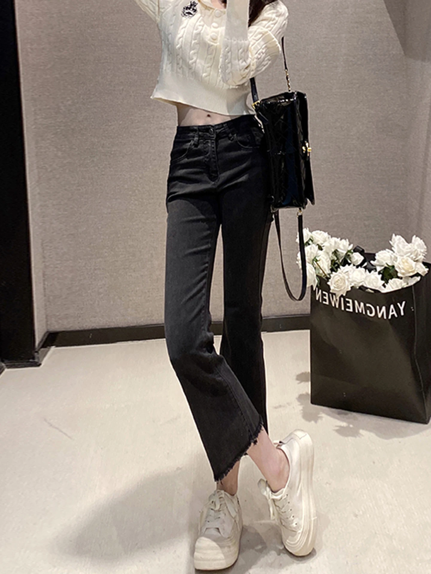 High Waist Flared Jeans Women's Light Wa Frayed Hem Straight Leg Nine Crop Pants Casual Sle Summer Season Ladies Jeans