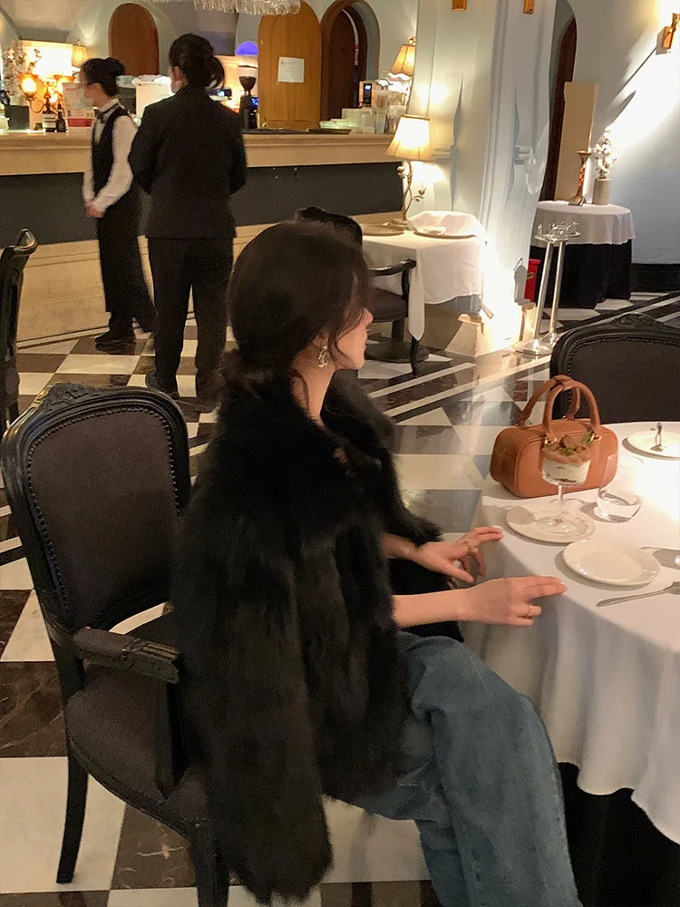 Women Faux Fox Fur Coats Solid Short Jackets Long Sleeves Turn Down Collar Open Stitch Loose Elegant Casual 2026 Autumn Winter