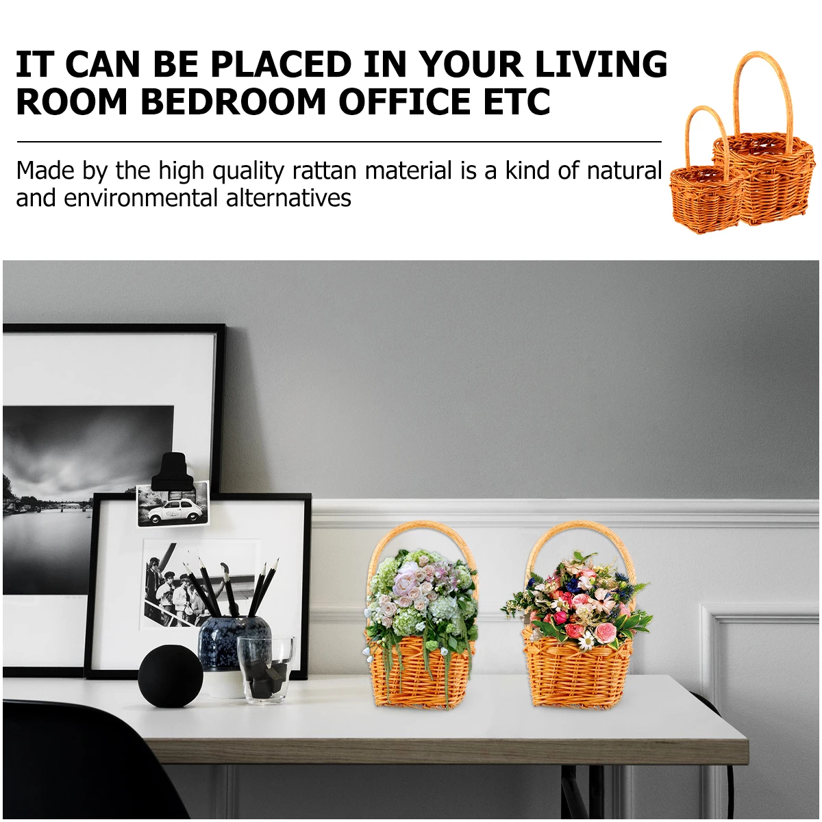 

1pc Rattan Flower Basket Storage Basket Square Mini Flowerpot Natural Woven Makeup Brush Holder Toiletry Organizer Living Room