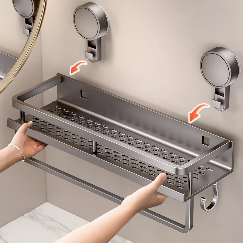 No Drill Suction Cup Self-Adhesive Bathroom Shelf Punch Free Wall Mounted Storage Rack with Towel Hanger Bath Toilet Organize
