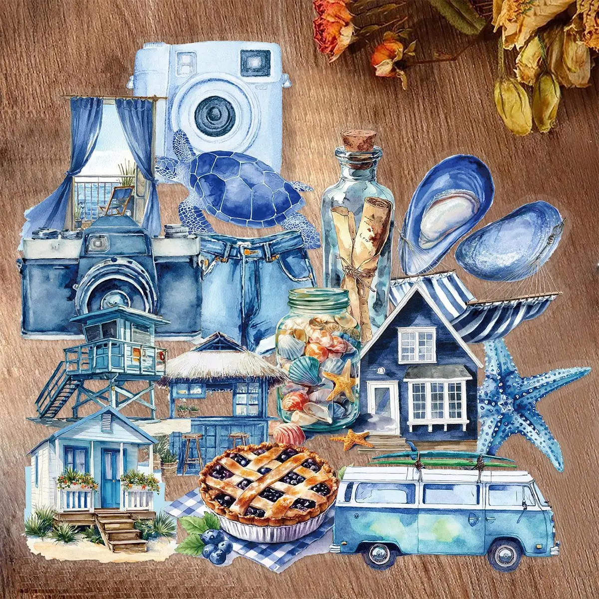 Fresh Ocean Style Stickers 50 Pieces Watercolor Texture Waterproof Stickers for Journals, Phone Cases, DIY Material Pack