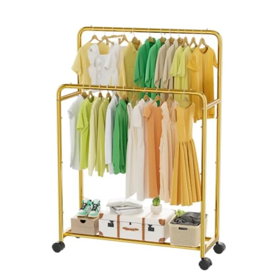 

Clothing Clothes Rack Double Rods with Wheels, Rolling Metal Garment Rack for Hanging, Gold