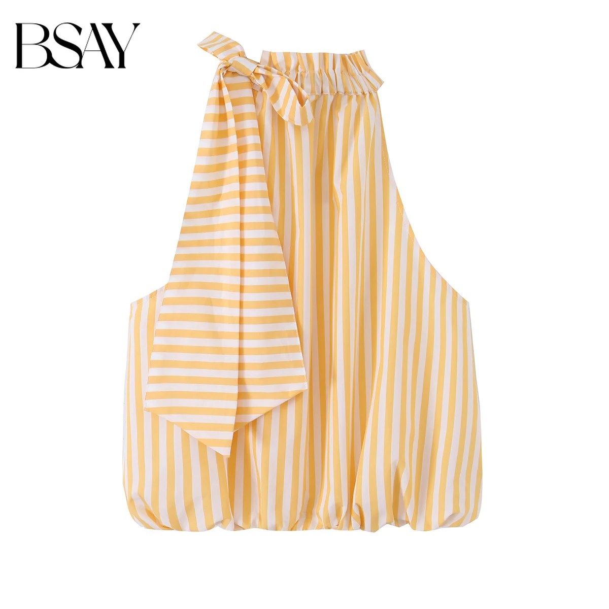BSAY Women's Halter Neck Striped Tank Top Yellow White Striped Bow Tie Sleeveless Blouse Casual Loose Summer Bubble Hem Camisole