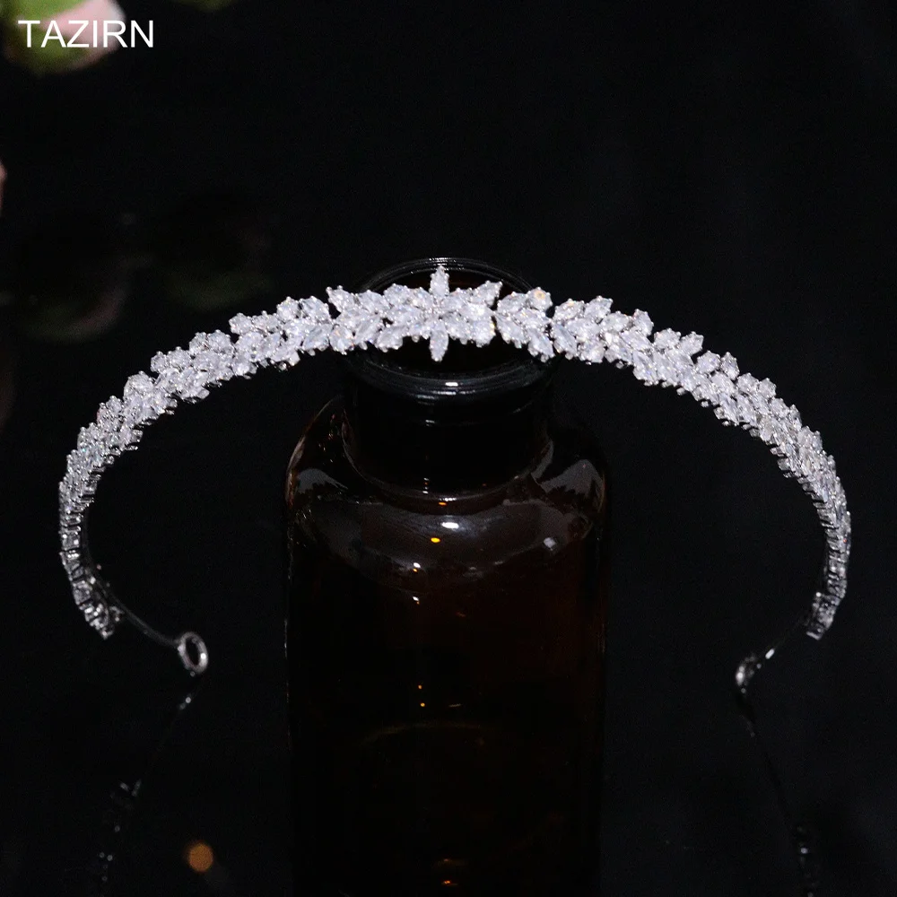 

TAZIRN Fashion Zirconia Lengthened Wedding Bride Headband CZ Handmade African Arabic Bridal Hairband Evening Headpiece for Women