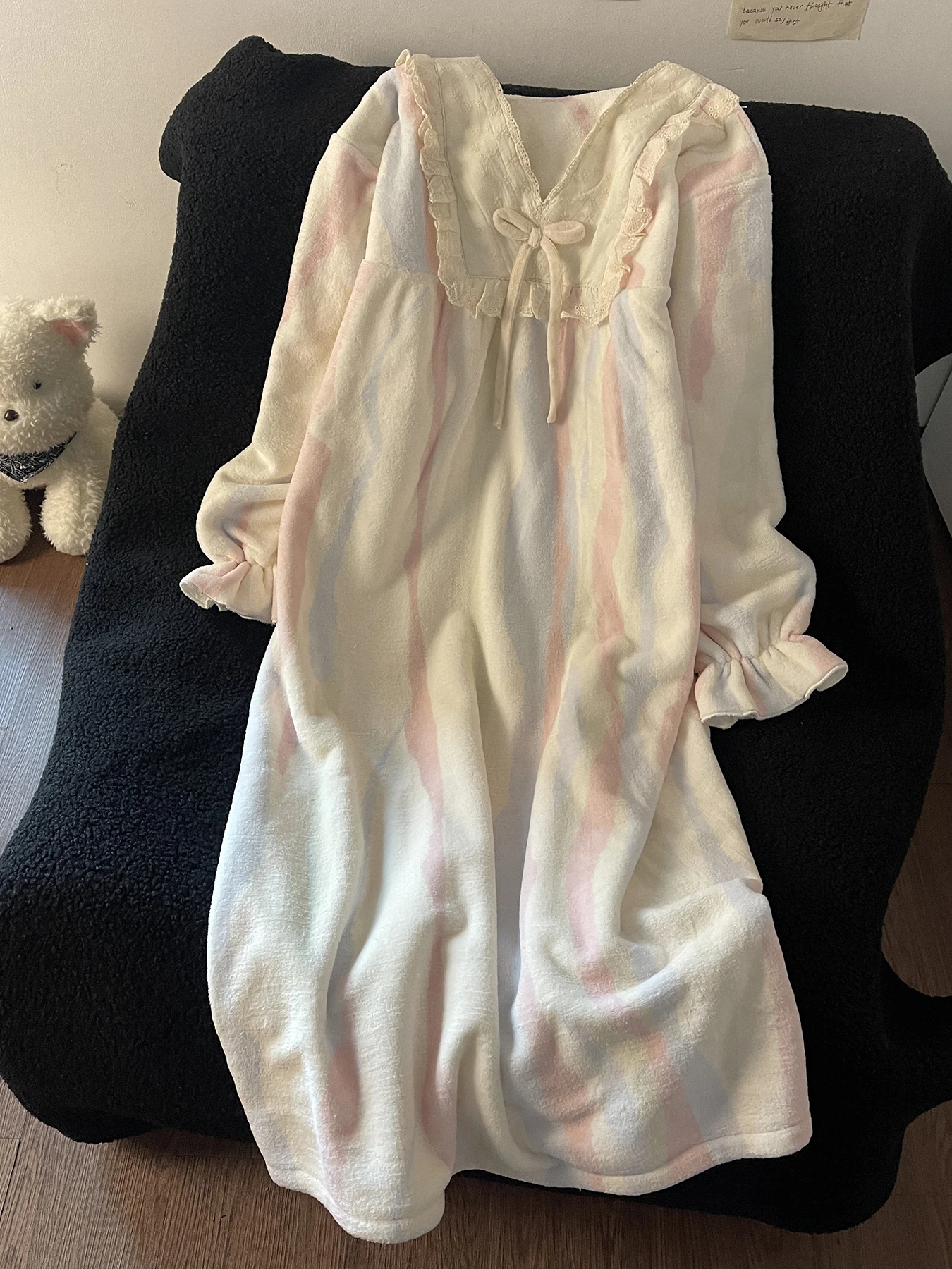 thickened-flannel-sleepwear-women's-coral-fleece-mid-length-nightgown-pink-stripes-home-clothes-warm-and-comfortable-leisure