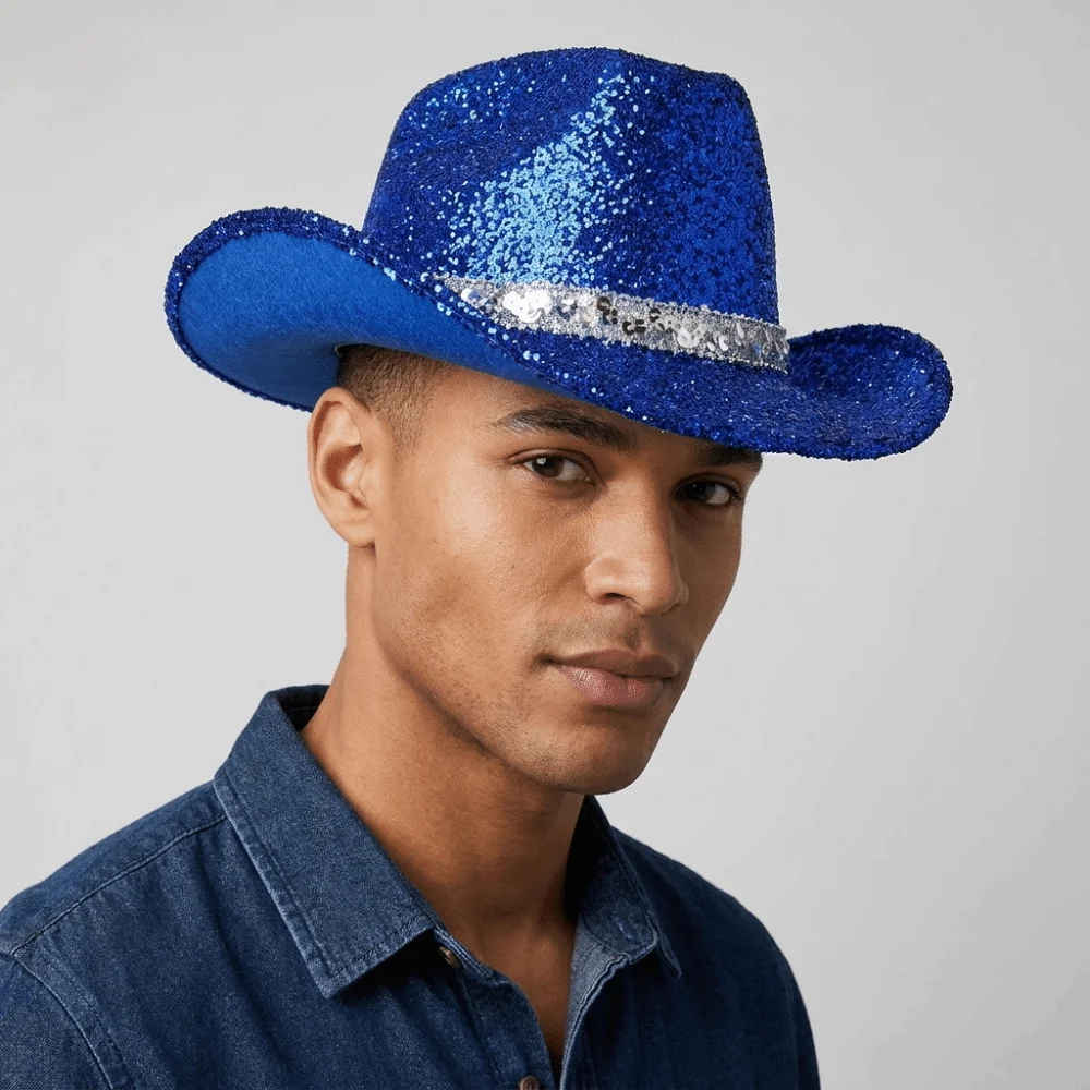 Fashion Sequin Bowler Hat Glitter Shimmering Western Cowboy Hat Jazz Hat Adjustable Cowgirl Hat Men