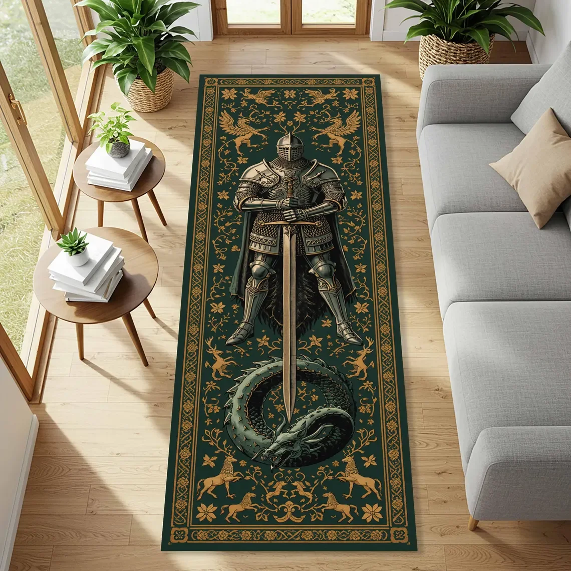 Medieval Dragon Phoenix and Knight Runner Rug Fantasy Entryway Carpet for Gothic Hallways, Bedroom Bedside Extended Floor Mat