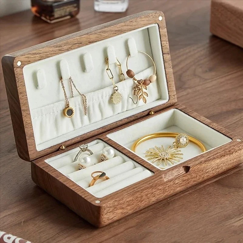 

Portable Jewelry Storage Box Black Walnut Wooden Vintage Necklace Earrings Bracelet Organizer Boxes Portable Travel Jewelry Box