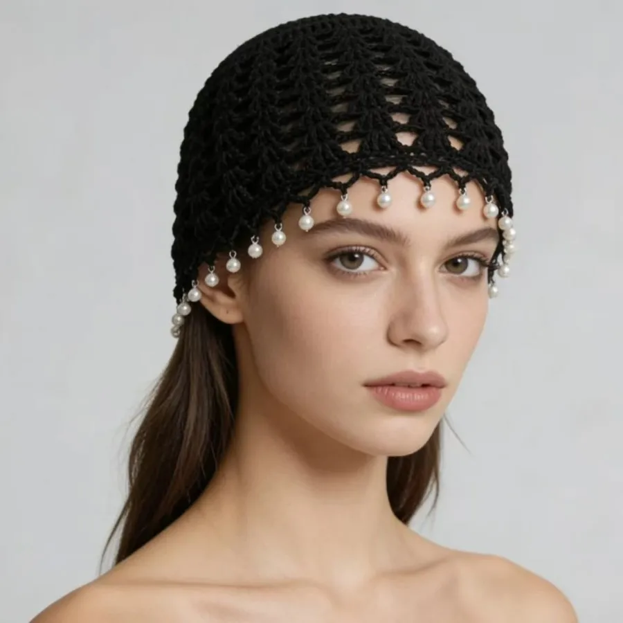 Hand-Woven Hollow-Out Headgear for Women Summer Breathable Artistic Versatile Pullover Hat with Sequins and Pearls, Knitted Hat