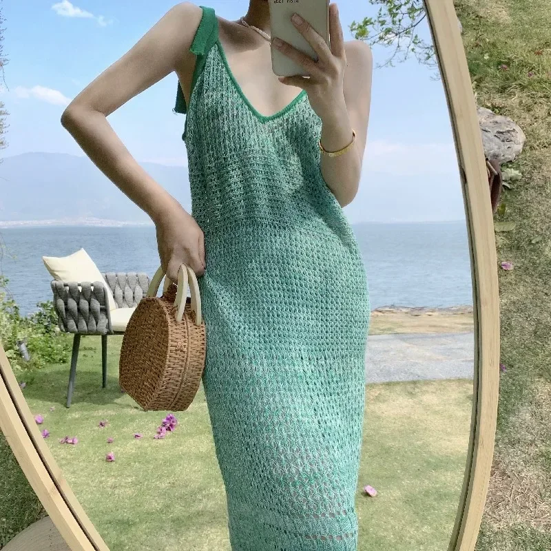 Summer New Crochet Dress Women Backless Fresh Green Holllow Knitted Dress Seaside V-neck Holiday Fairy Sling Beach Dresses