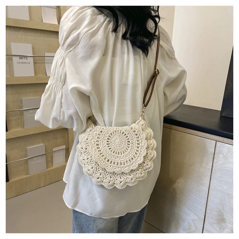 Mode hohle gewebte Umhängetasche für Frauen handgemachte Faden häkeln Blume Sommer Cross body Strand tasche Flip Button Handtasche