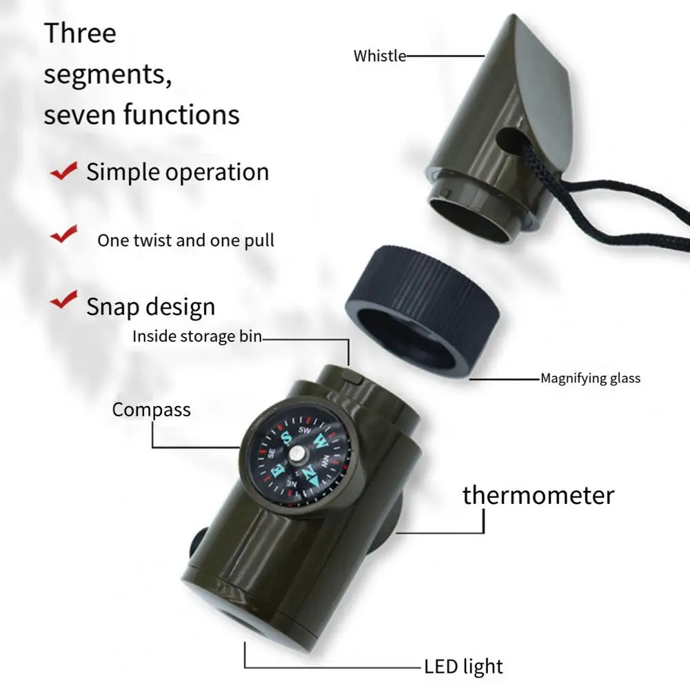 Emergency Survival Whistle with LED Light Compass Thermometer 7 In 1 Multi-function Whistle Outdoor Survival Tools