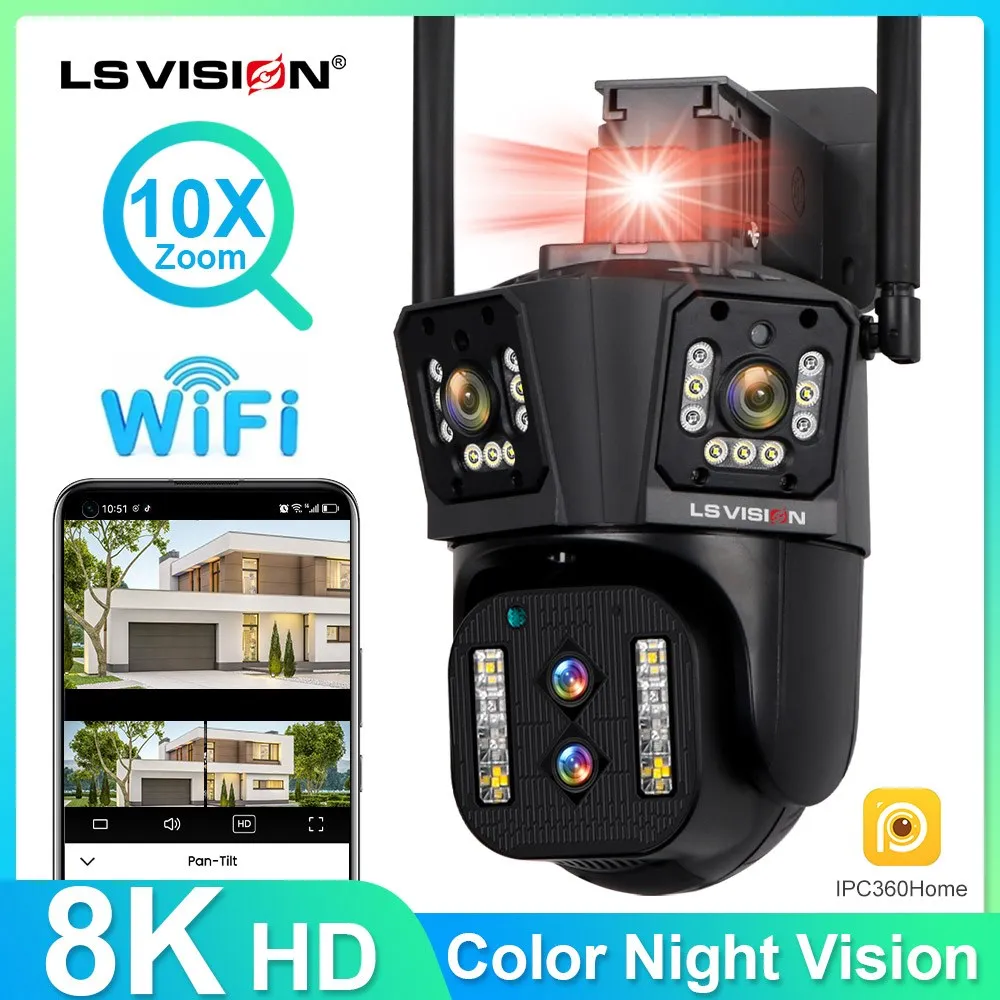 

LS VISION 8K 4x4MP IP Camera Outdoor WiFi PTZ CCTV Security Camera Multi Lens Three Screen 10X Zoom Auto Tracking 2-Way Audio