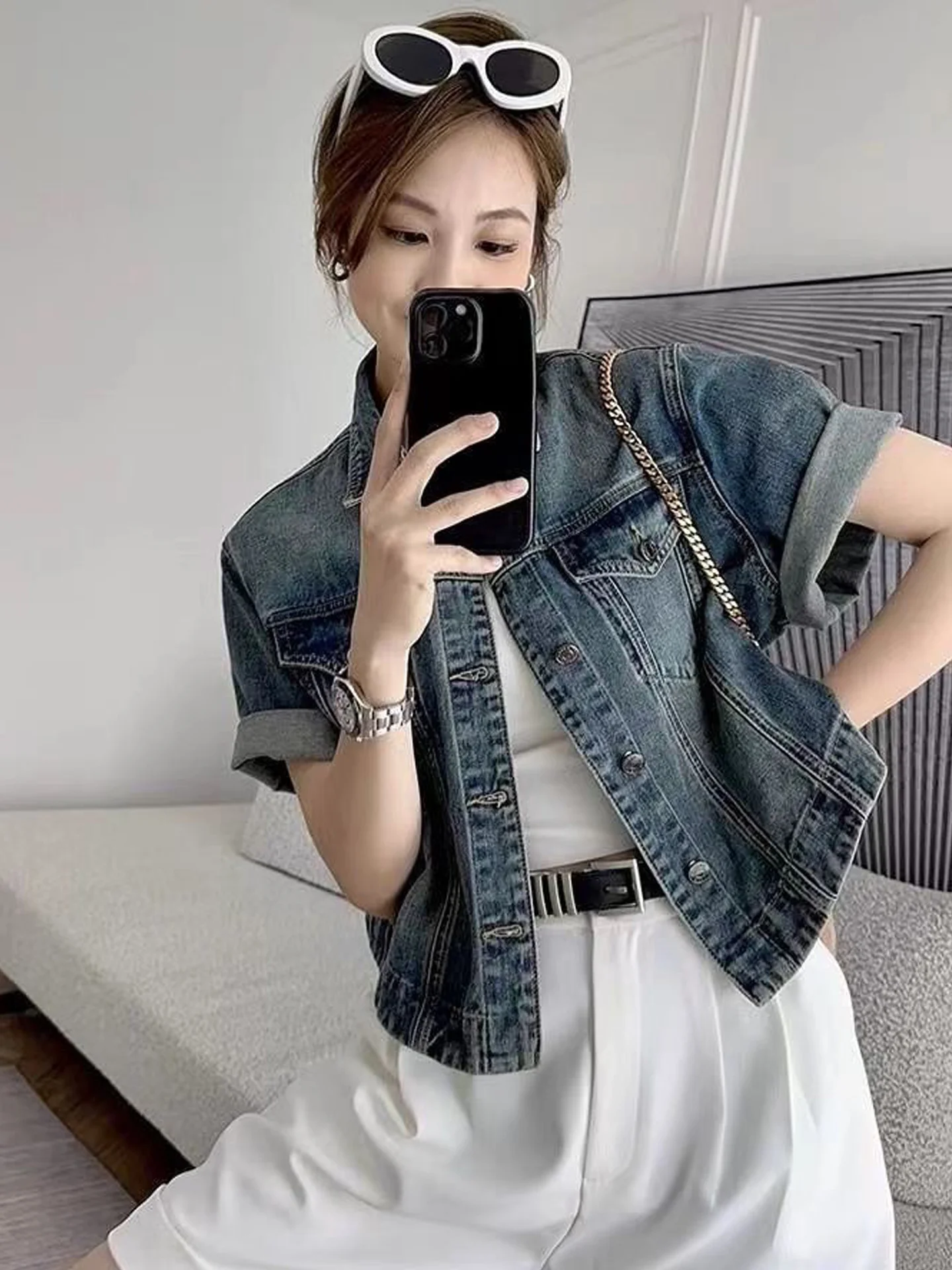 

Retro Hong Kong Style Short Sleeve Faded Denim Shirt Jacket Women Summer New Loose Casual Slimming Open Cardigan Top Trendy