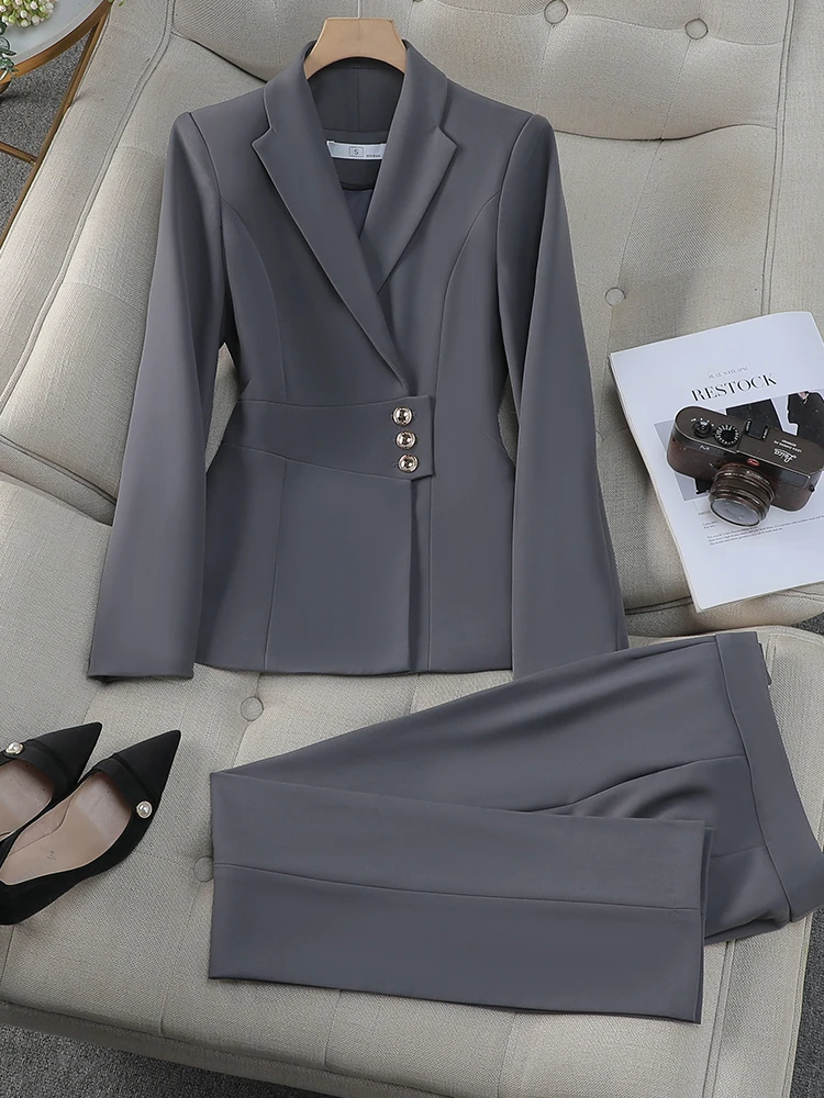 Women Pant Suit Gray Navy Black Office Ladies Female Business Work Wear 2 Piece Set Formal Blazer Jacket Trouser JJ1028