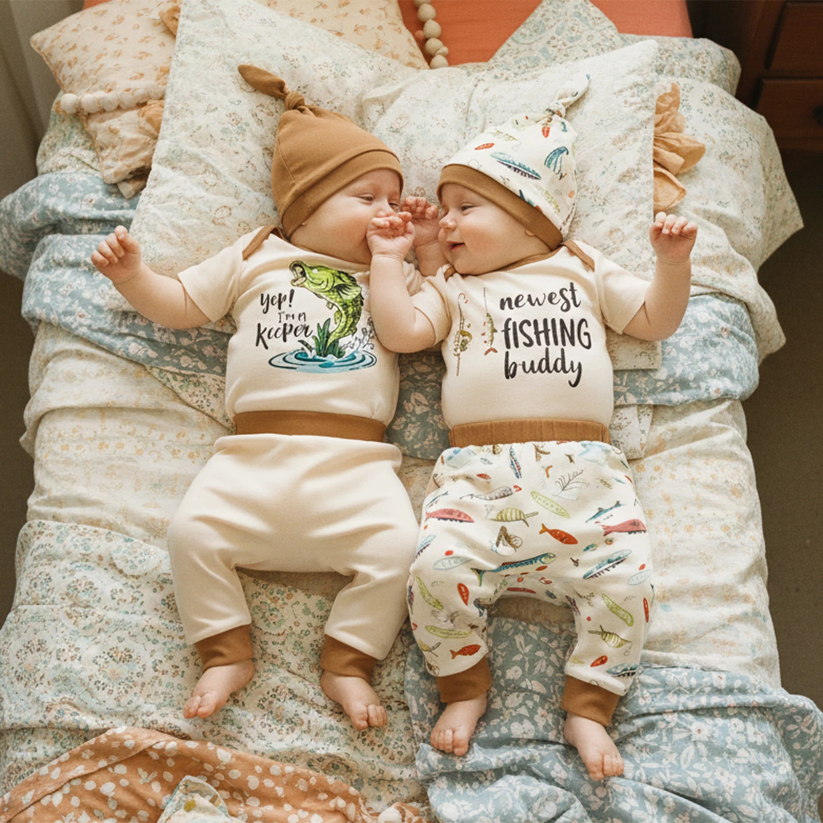 

0-12Months Infant Newborn Baby Boys Clothing Sets Cartoon Fish Printed Short Sleeve Romper with Pants Hat 3Pcs Outfits