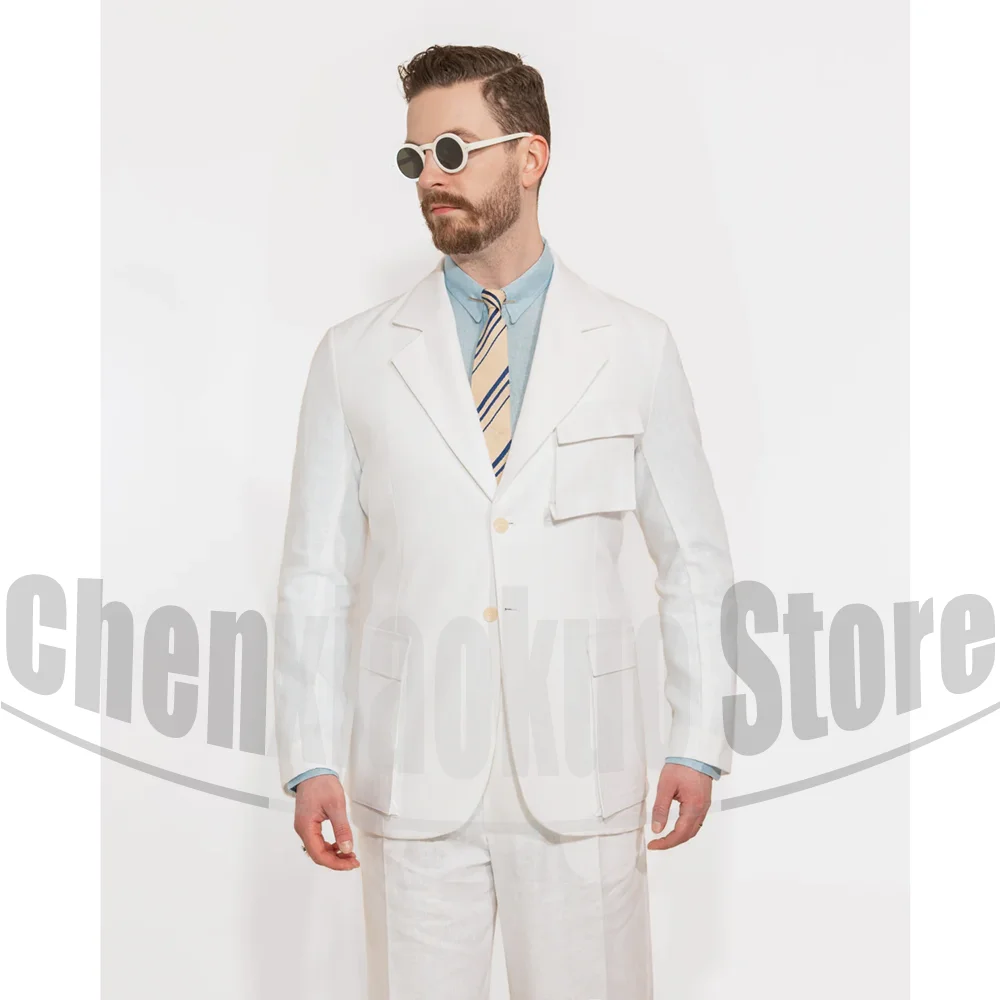 Men's Linen Suit with Unique Pocket Design Single Breasted Outfits Daily Casual Stylish Wedding Party Male Suit (Blazer+Pants)