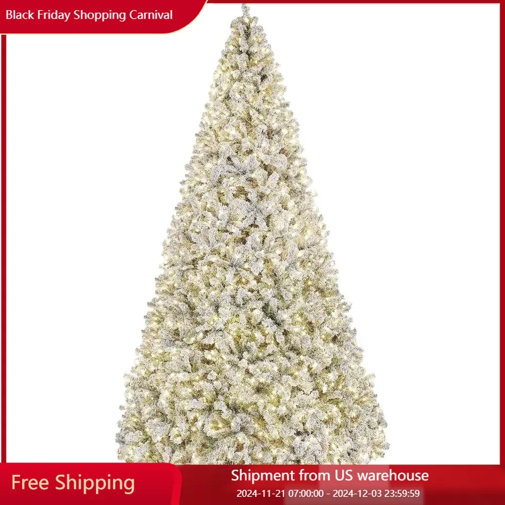 12ft Pre-lit Artificial Christmas Tree with Incandescent Warm White Lights, Snow Flocked Full Prelighted Xmas Tree