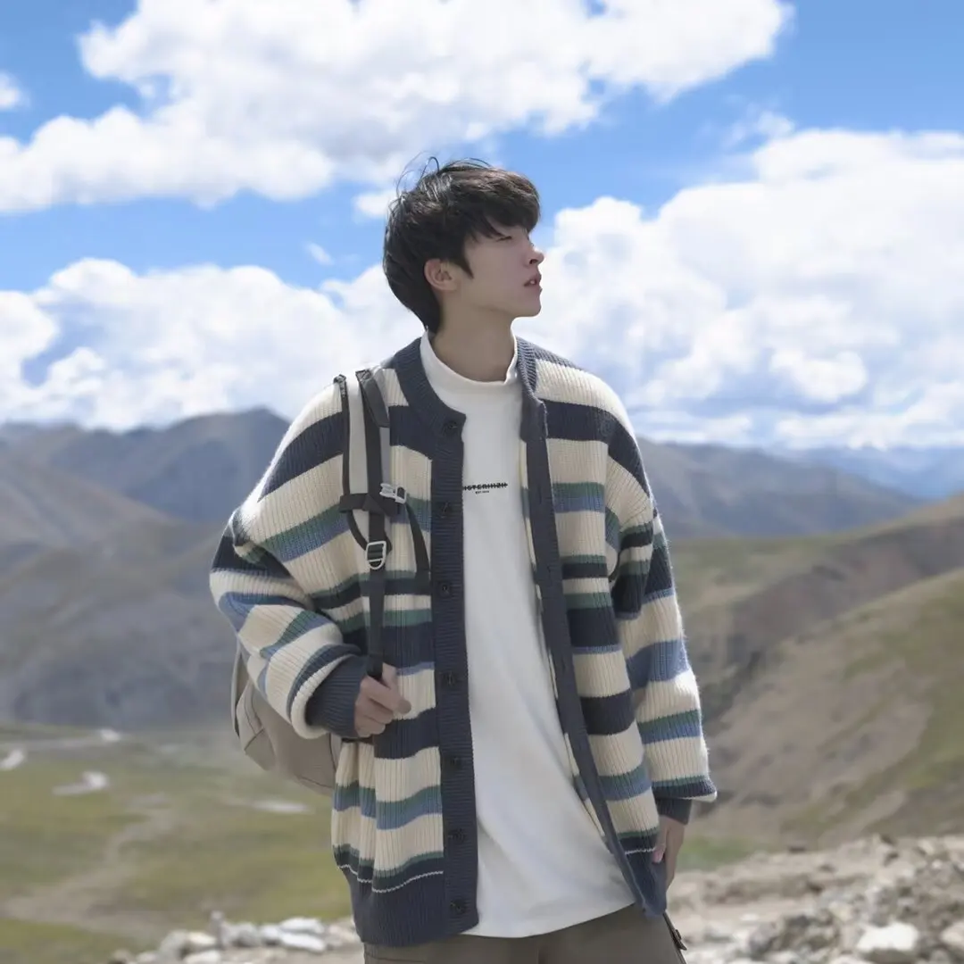 

Winter High Collar Men's Knitted Sweater Zipper Embroidery Striped Patchwork Open Cardigan Casual Knitwear Jaet