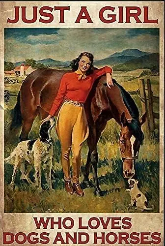 Funny Tin Sign Just A Girl Who Loves Dogs and Horseser Vintage Metal Sign Gift Bedroom Retro Novelty Cafe Store Tin Signs