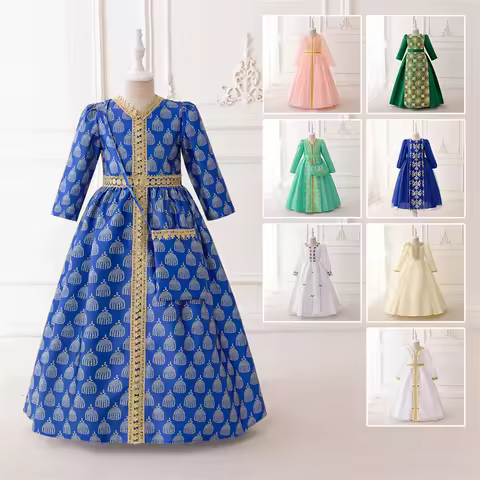 Children Embroidered Long Sleeves Evening Dress Girls Muslim Clothes Kids Arab Dubai Eid Party Gown Casual Costume