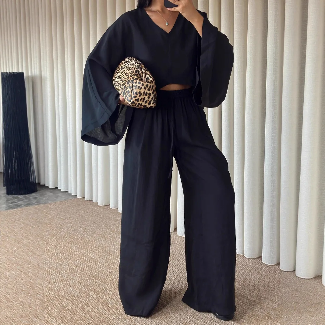 

Fashion 2 Pieces Sets Women Spring Summer Simple Style Loose Lace Up Shirts Tops Women's Wide Leg Pants Sets Home Casual Women