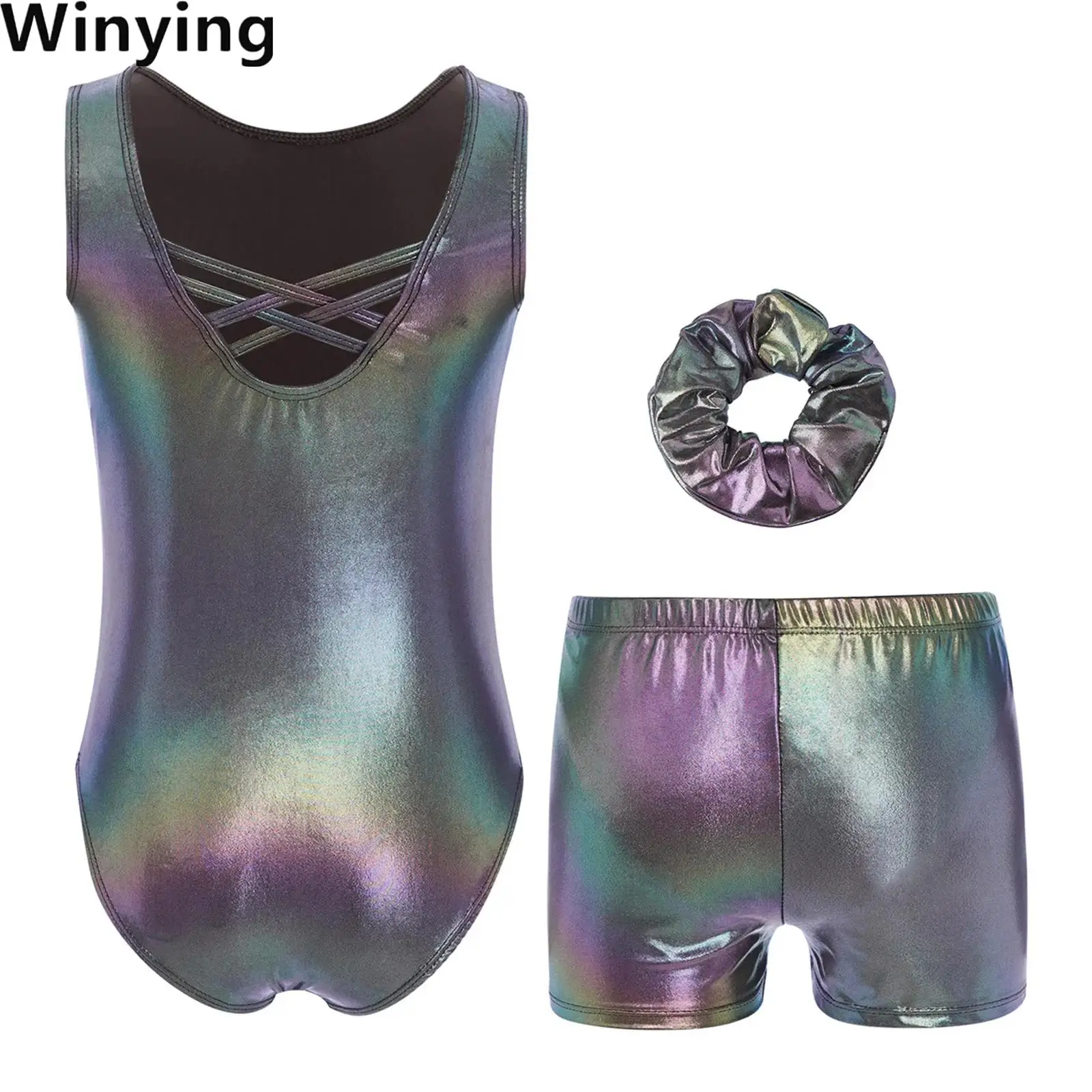 

Kid Girls Metallic Dance Acrobatic Gymnastics Ballet Performance Outfit Set Sleeveless Leotard Bodysuit with Shorts And Hairband