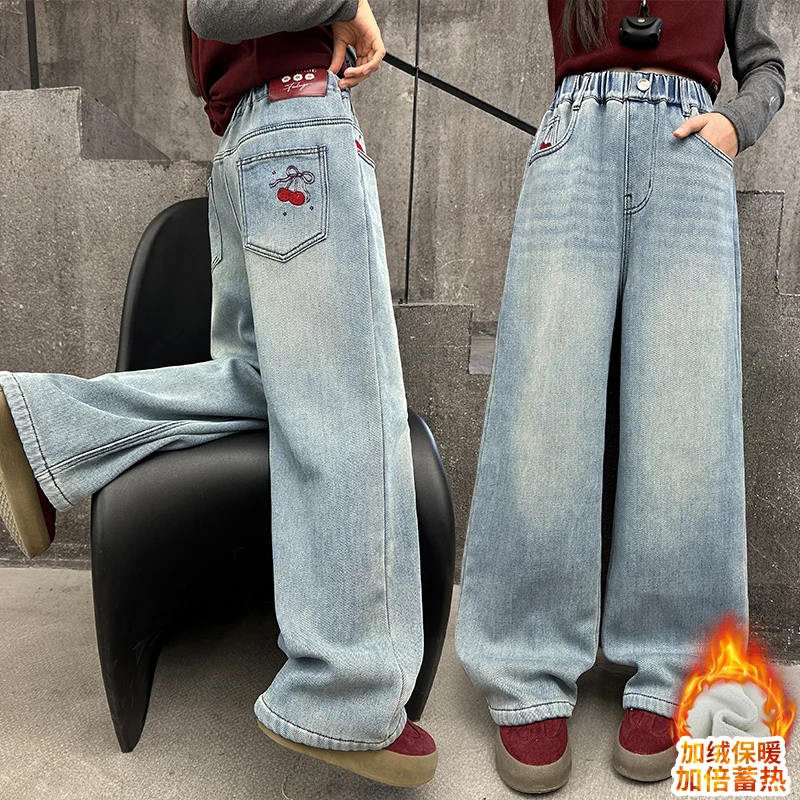 الخريف الشتاء في سن المراهقة الفتيات أفخم الجينز الصغار جيب المطرزة الدنيم بنطال ذو قصة أرجل واسعة 4 6 8 10-14 الطفل السراويل المخملية سميكة #5