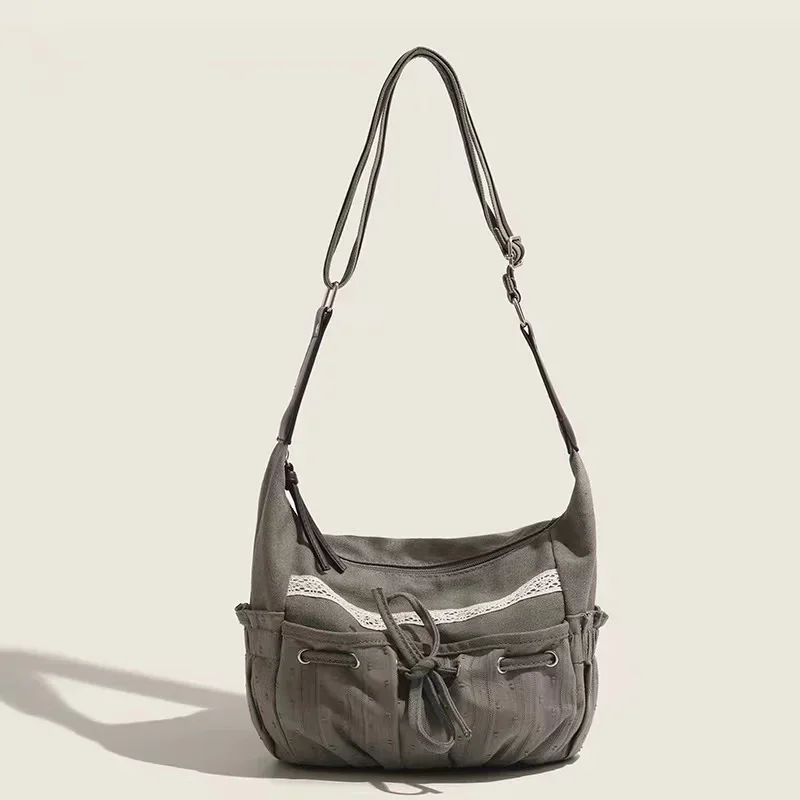Słodka kokardka Płócienna torba Duża torba Hobo Crossbody Tote z kieszenią dla kobiet Vintage Sznurek Szykowna codzienna torba na ramię