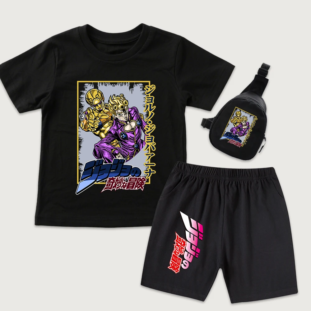 Jojo Giorno Anime Print Kids Cotton T Shirt Shorts Mini Chest Bag 3 Piece Set for Boys Girls Summer Clothes