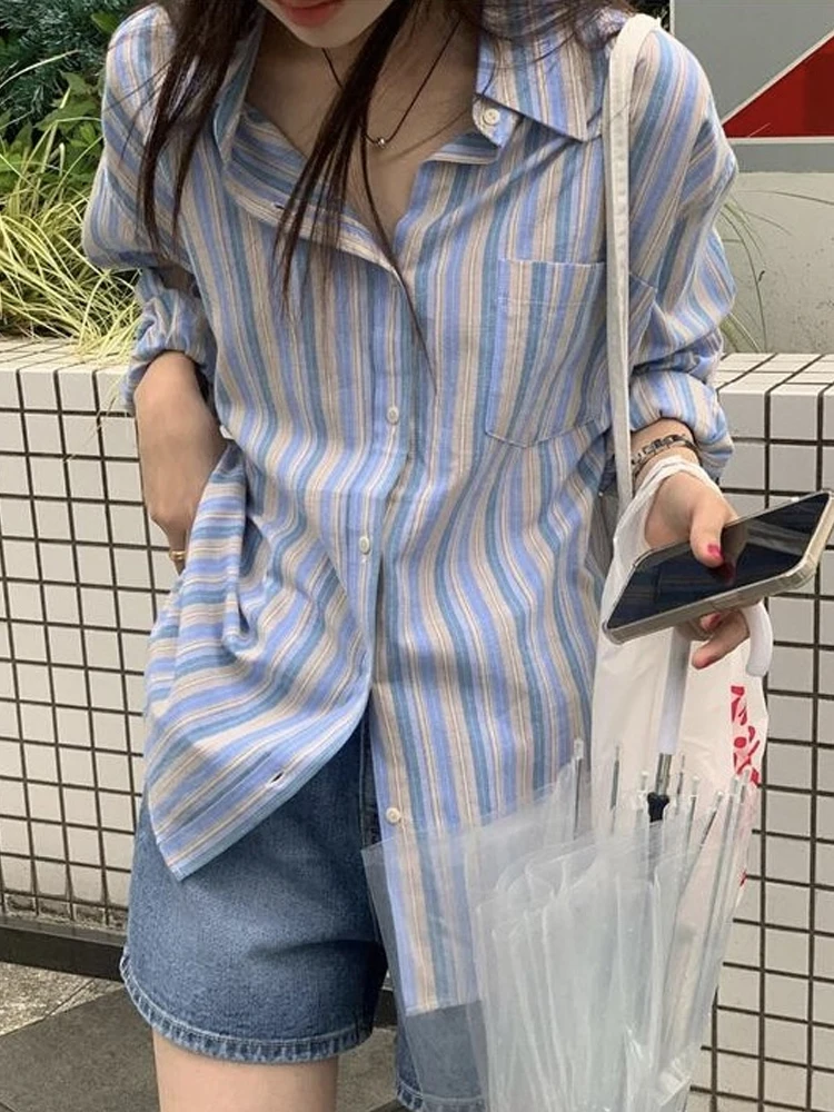 قميص نسائي فضفاض بأكمام طويلة وتصميم مخطط عتيق، ملابس خارجية كاجوال للربيع والخريف بياقة بولو، مريح وقابل للتنفس