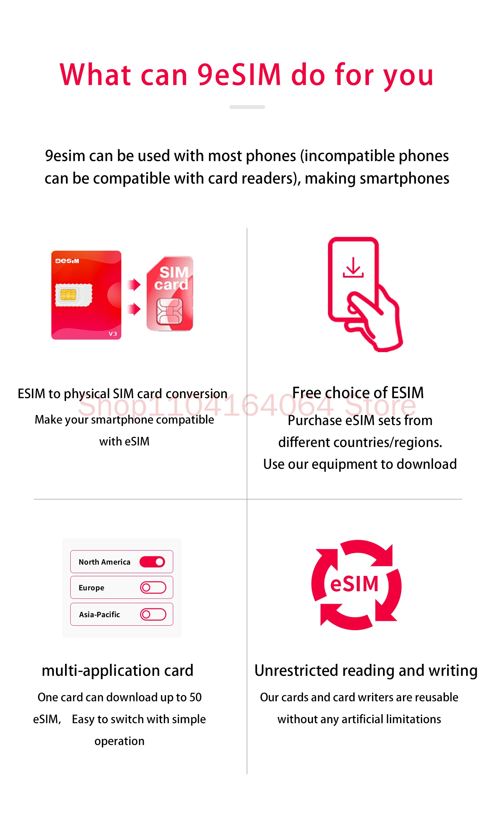 9eSIM V3 متوافق مع Android وIOS IPhone، مع وظيفة إدارة الأرقام القابلة للتحويل على IOS