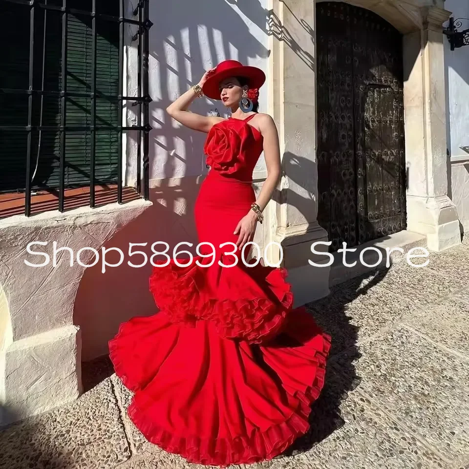 Vestidos de noche de sirena roja española con flores 3D con volantes grandes, parte inferior acampanada, vestido largo de fiesta de baile Flamenco personalizado