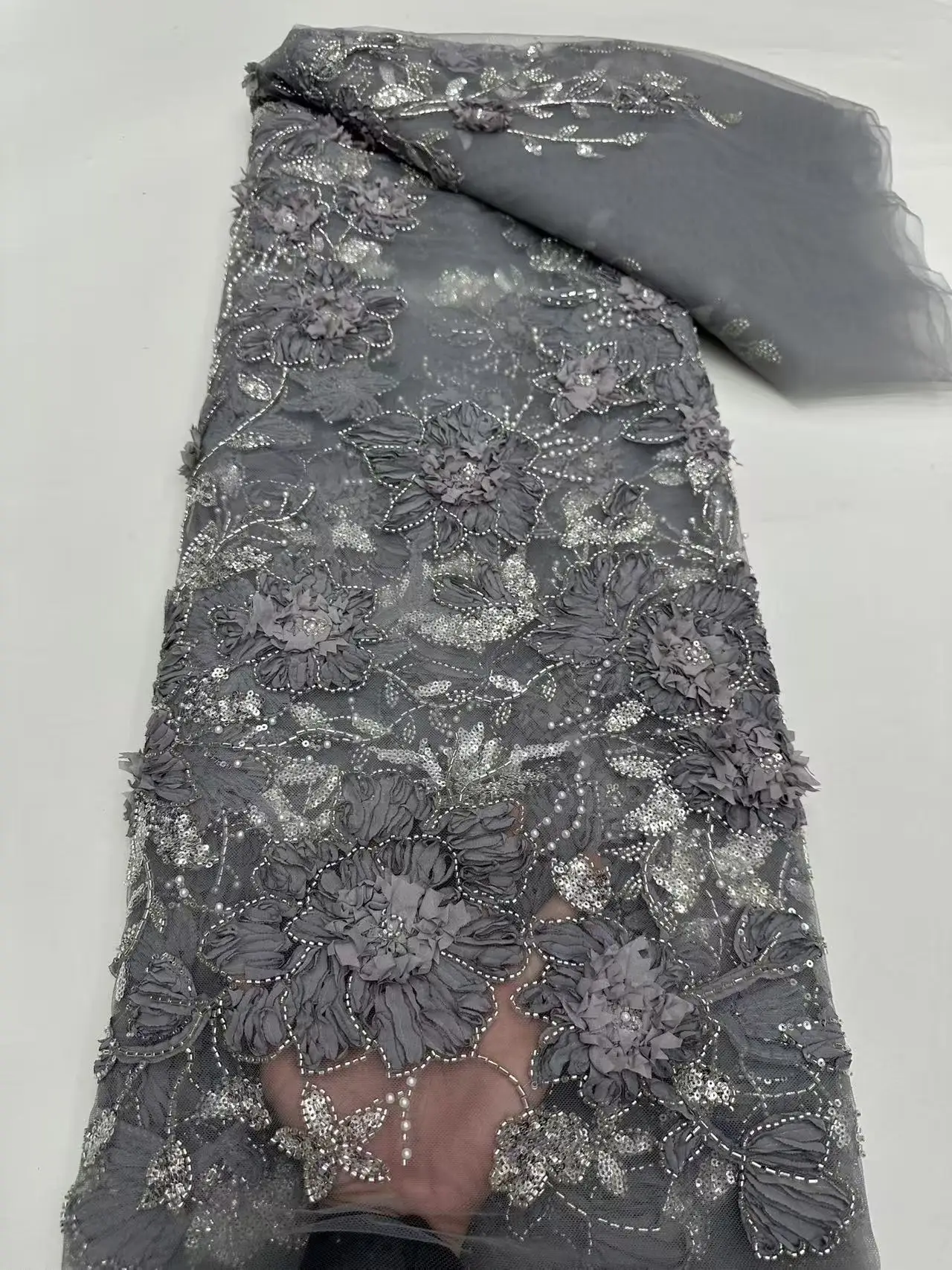 ผ้าลูกไม้แอฟริกัน ผ้าลูกไม้ปักลูกปัดคุณภาพสูง ปี 2025 สีหัวหอม ปักลายดูไบ ปี 2025 ชุดเดรสงานเลี้ยงสุดหรู Hm123-1