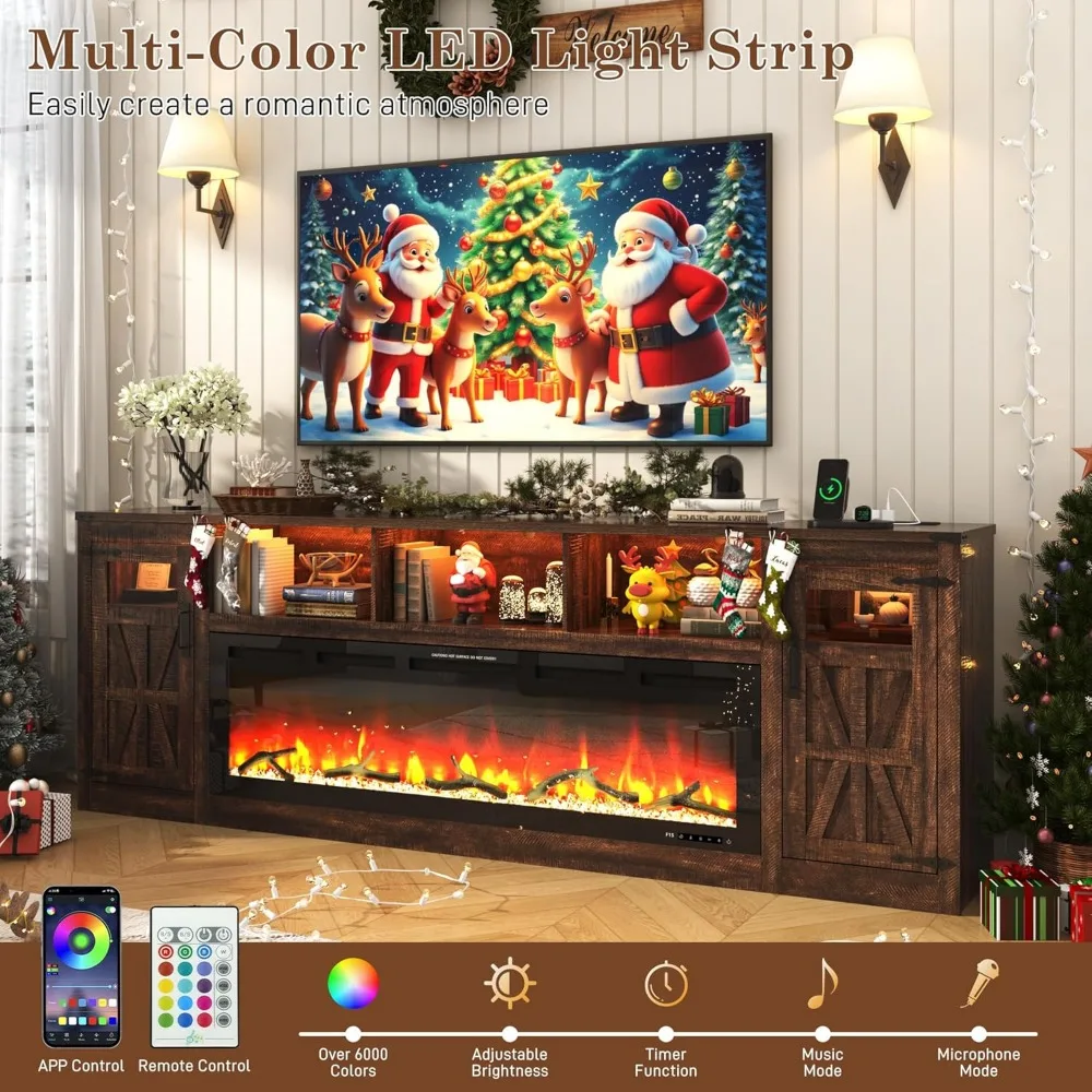 Meja TV dengan Perapian untuk TV 100 Inci, Pusat Hiburan Gaya Farmhouse 95 dengan Perapian Listrik 60 & Lampu LED, Konsol Media Besar