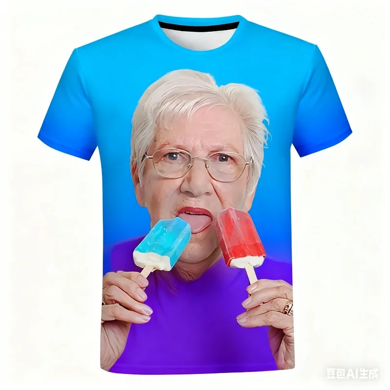 

Y2K Top Fashion Senior Women Licking Popsicle 3D Print T Shirt Summer Men T-shirt Kawaii Grandma Fun Popsicle Short Sleeve Tees