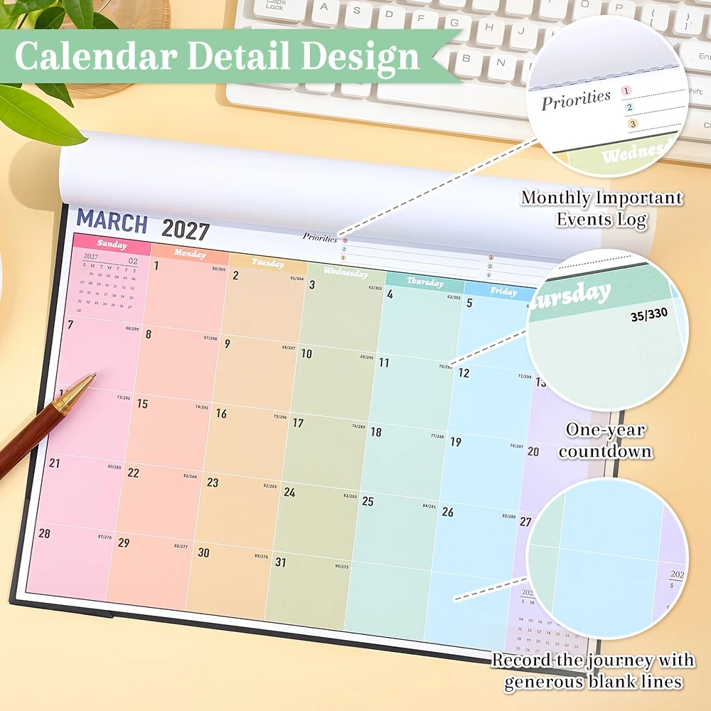2027 Rainbow Wall Calendar Daily Weekly Monthly Planner with Dated Grid Layout for Scheduling Bullet Journaling Planning Tool