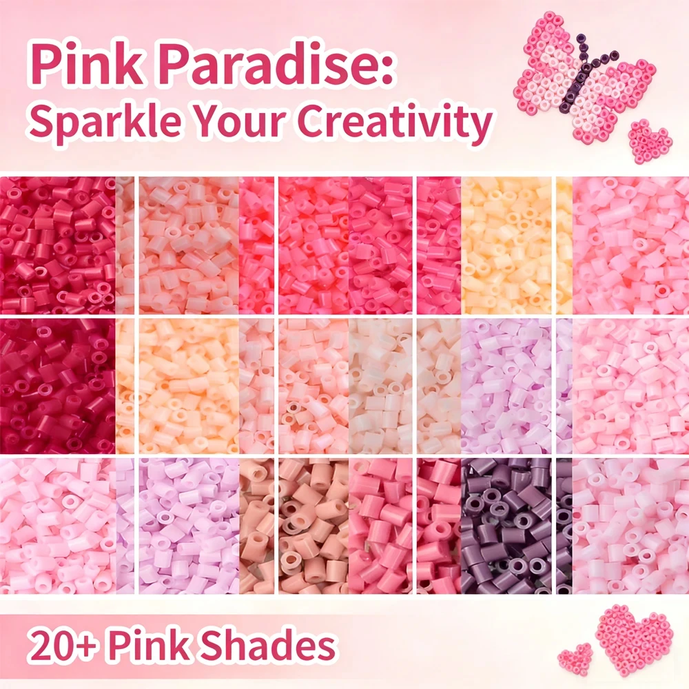 2.6mm Pink Series 24 Colors Fusible Perler Beads, 1000PCS Bulk Refill Pack for DIY Art Craft & Mosaic Puzzle