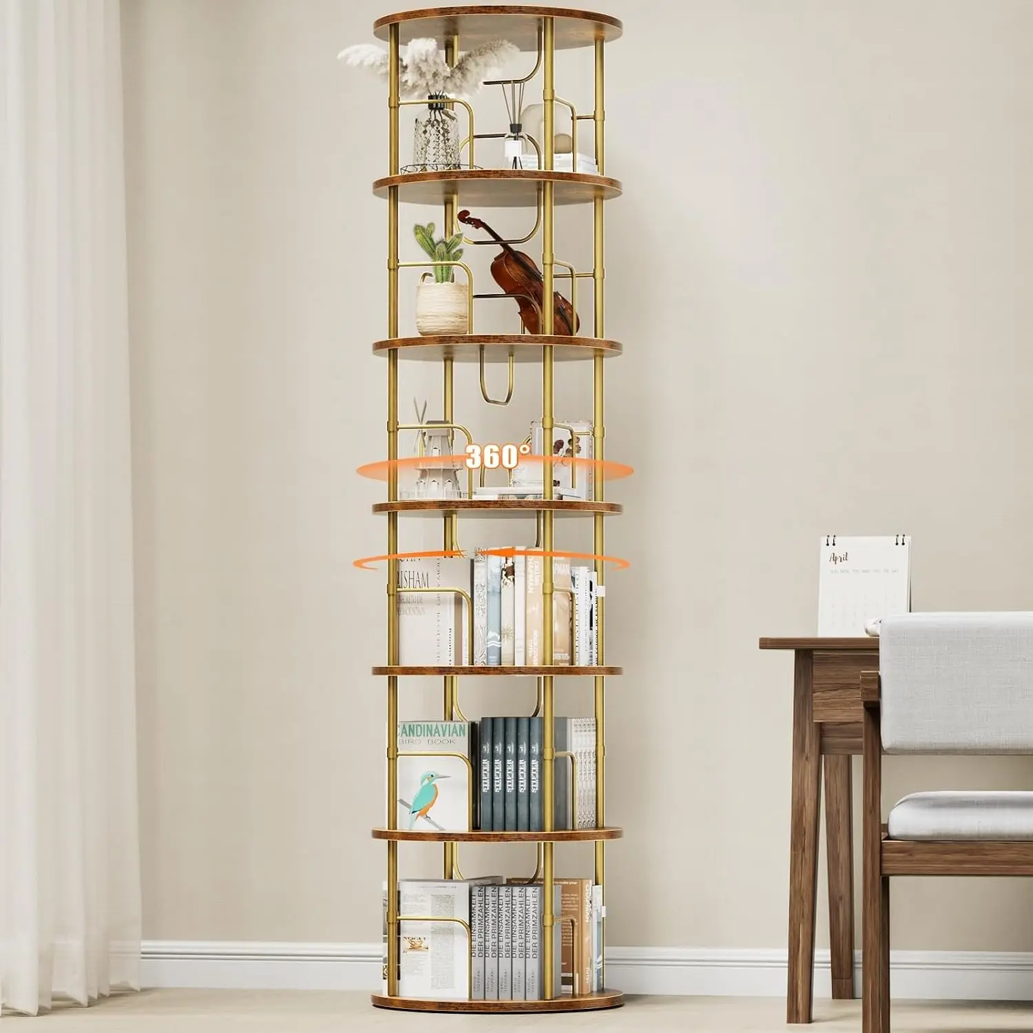 6 Tier Rotating Bookshelf, 360 ° Display Stackable Spinning Bookshelf Tower, Corner Bookshelf Tall Floor Standing Swivel