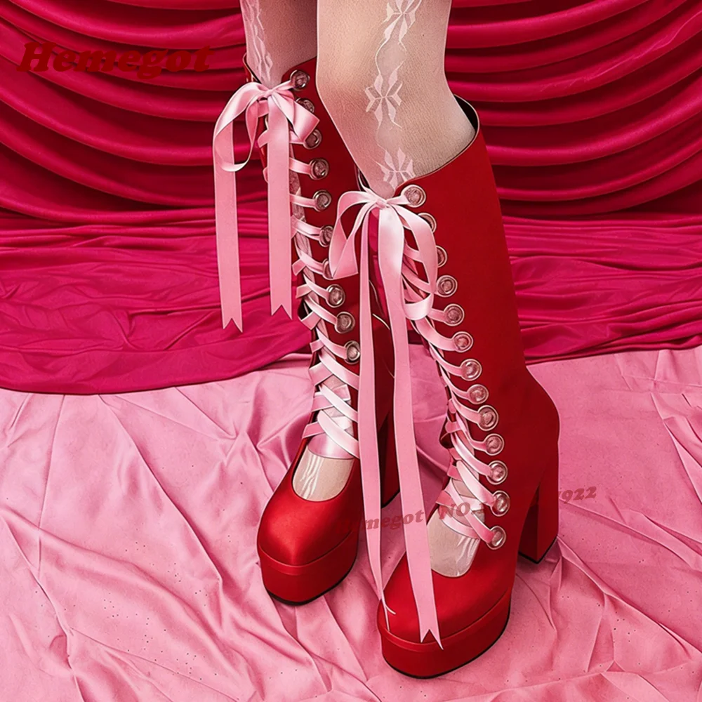 Satin Cross Strappy Platform Knee High Boots Puttee Block Heels Spicy Girls Lolita Women's Boots Patchwork Glossy Shoes 2026